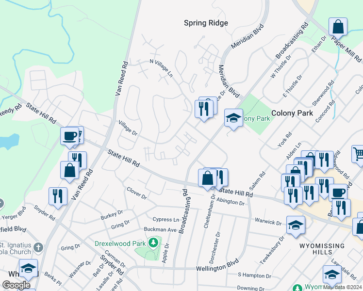 map of restaurants, bars, coffee shops, grocery stores, and more near 148 Hawthorne Court in Wyomissing