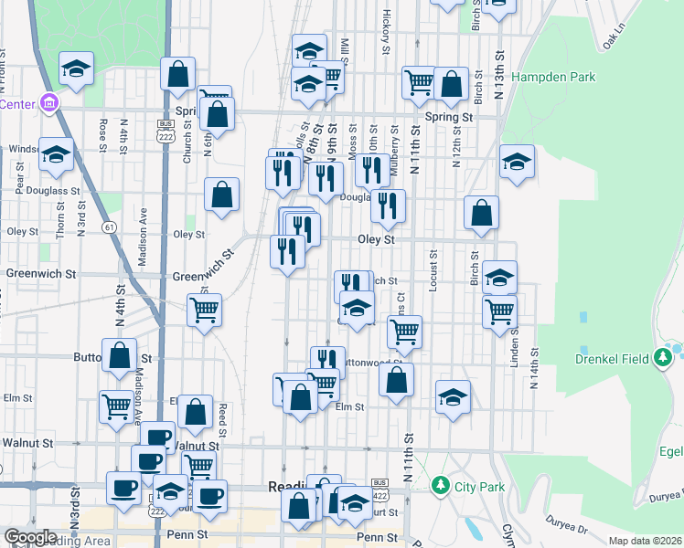 map of restaurants, bars, coffee shops, grocery stores, and more near 543 North 9th Street in Reading