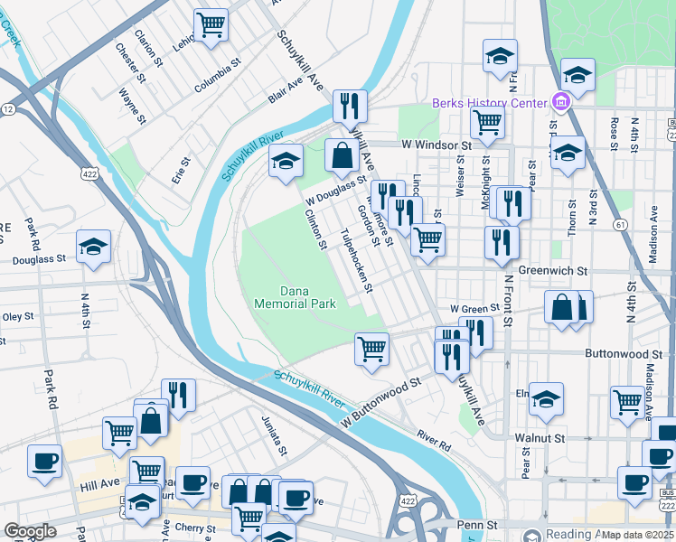 map of restaurants, bars, coffee shops, grocery stores, and more near 625 Clinton Street in Reading