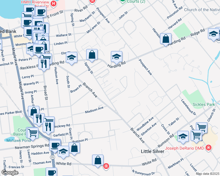 map of restaurants, bars, coffee shops, grocery stores, and more near 293 Spring Street in Red Bank