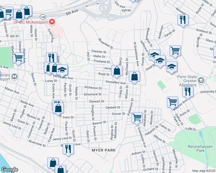 map of restaurants, bars, coffee shops, grocery stores, and more near 1309 Freemont Street in McKeesport