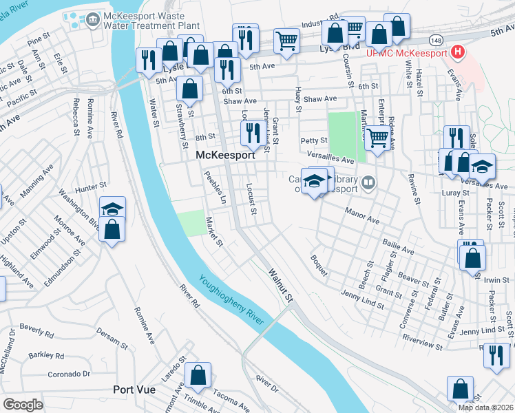 map of restaurants, bars, coffee shops, grocery stores, and more near 1130 Jenny Lind Street in McKeesport