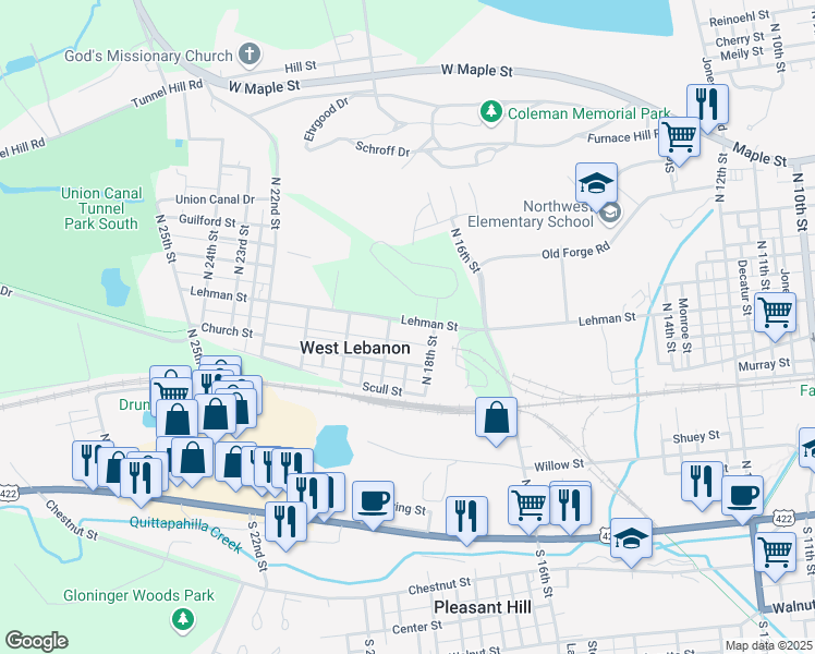 map of restaurants, bars, coffee shops, grocery stores, and more near 1834 Lehman Street in Lebanon