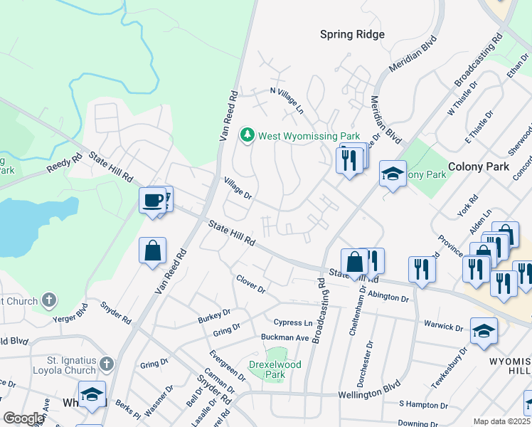 map of restaurants, bars, coffee shops, grocery stores, and more near 179 Hawthorne Court in Wyomissing