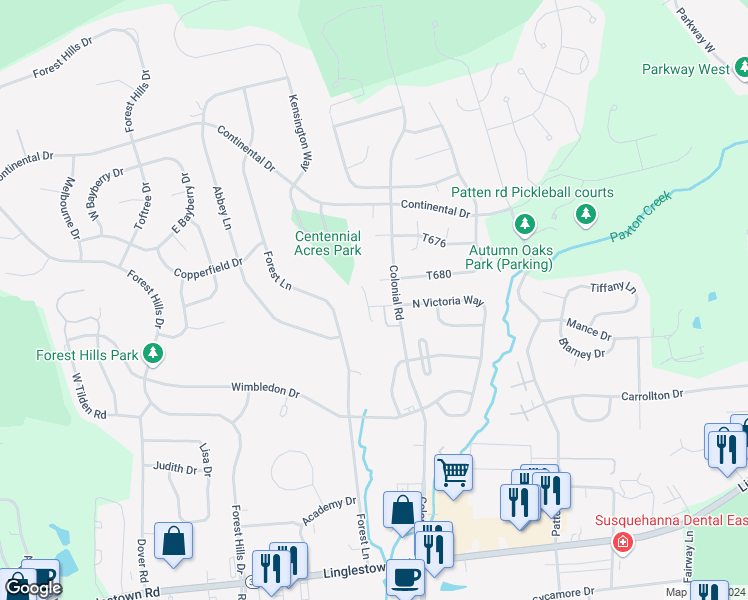 map of restaurants, bars, coffee shops, grocery stores, and more near 4288 Emily Drive in Harrisburg
