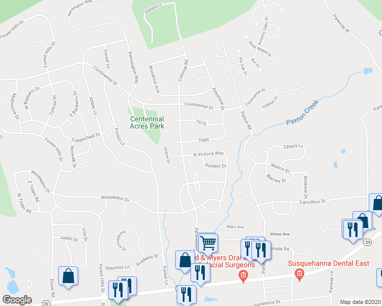 map of restaurants, bars, coffee shops, grocery stores, and more near 4296 North Victoria Way in Harrisburg
