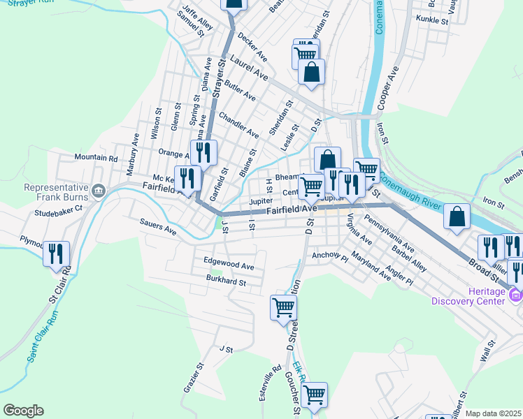 map of restaurants, bars, coffee shops, grocery stores, and more near 194 Fairfield Avenue in Johnstown