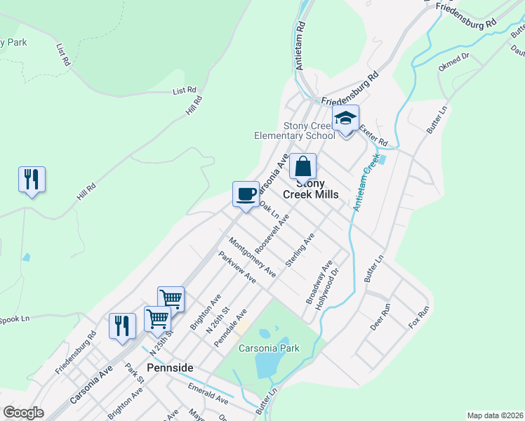 map of restaurants, bars, coffee shops, grocery stores, and more near 30 Columbia Avenue in Reading
