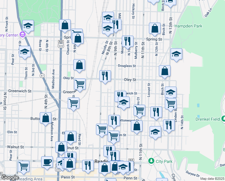 map of restaurants, bars, coffee shops, grocery stores, and more near 543 North 9th Street in Reading