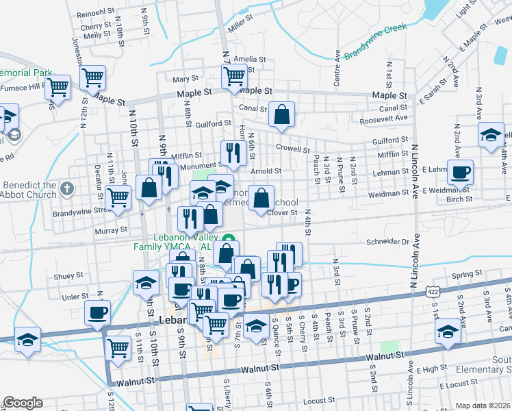 map of restaurants, bars, coffee shops, grocery stores, and more near 546 Weidman Street in Lebanon