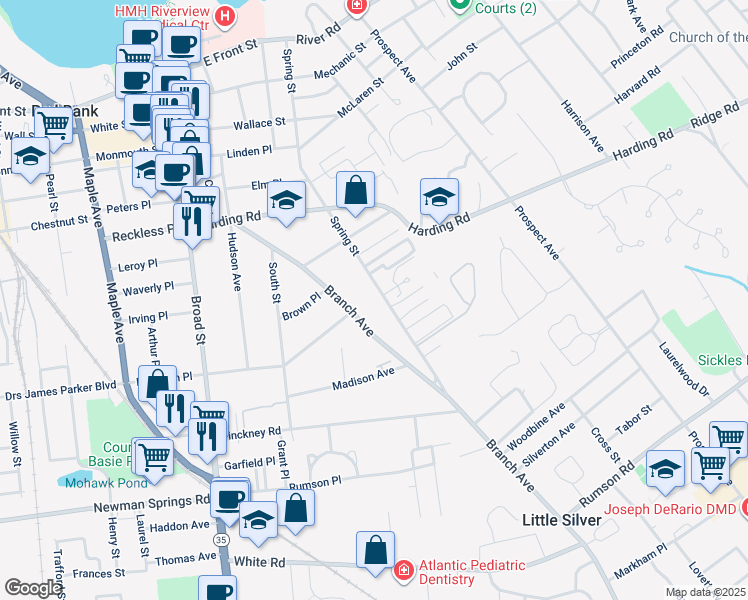 map of restaurants, bars, coffee shops, grocery stores, and more near 290 Spring Street in Red Bank