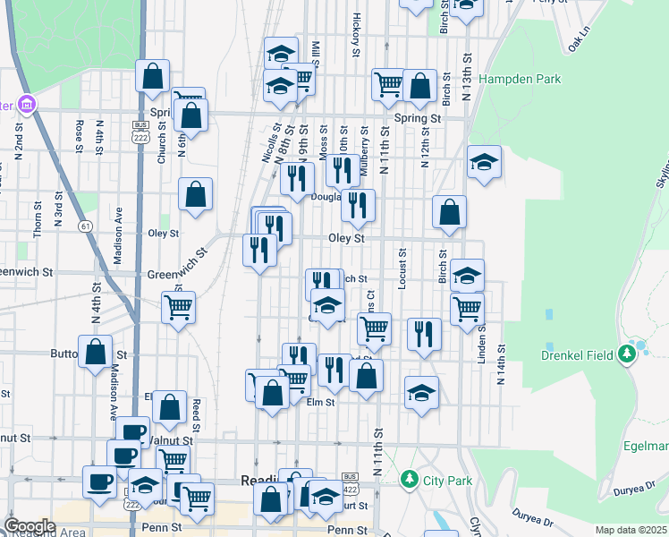 map of restaurants, bars, coffee shops, grocery stores, and more near 542 North 10th Street in Reading