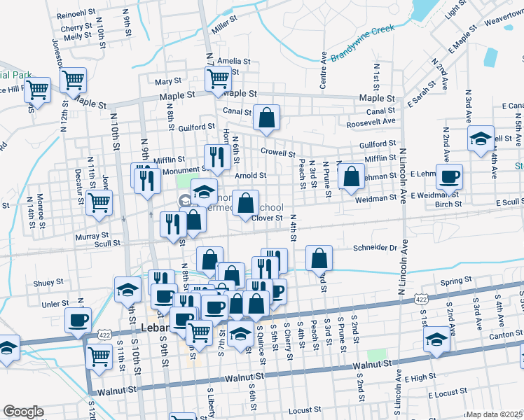 map of restaurants, bars, coffee shops, grocery stores, and more near 337 North 5th Street in Lebanon
