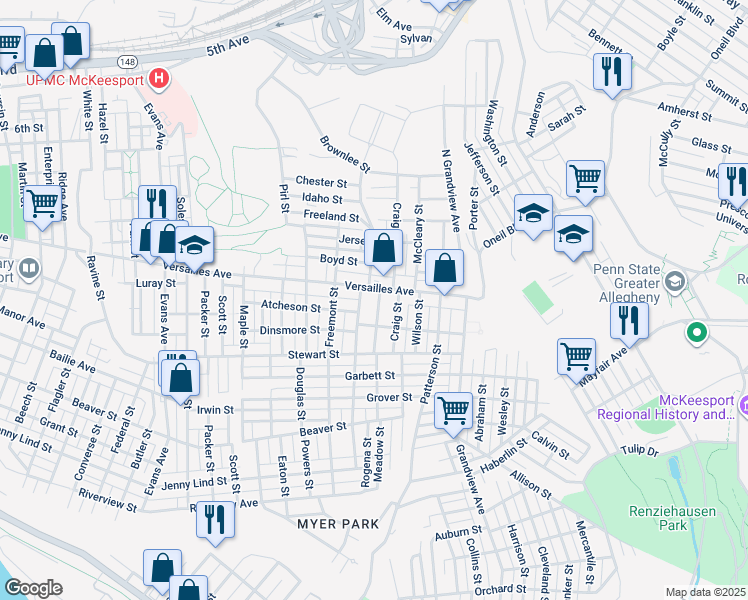 map of restaurants, bars, coffee shops, grocery stores, and more near 1306 Meadow Street in McKeesport