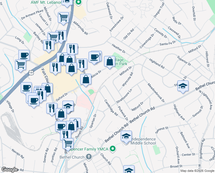 map of restaurants, bars, coffee shops, grocery stores, and more near 111 Pickwick Drive in Bethel Park