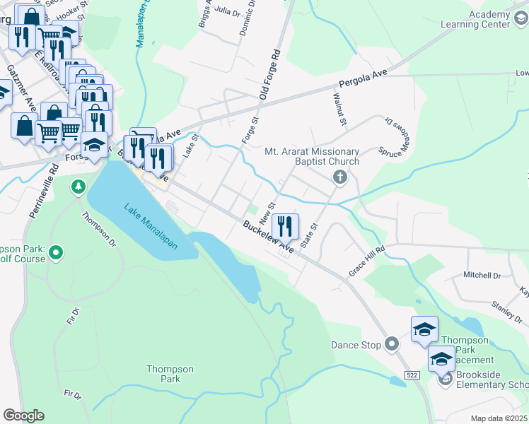 map of restaurants, bars, coffee shops, grocery stores, and more near 10 New Street in Jamesburg