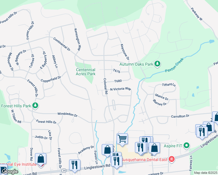 map of restaurants, bars, coffee shops, grocery stores, and more near 4296 North Victoria Way in Harrisburg