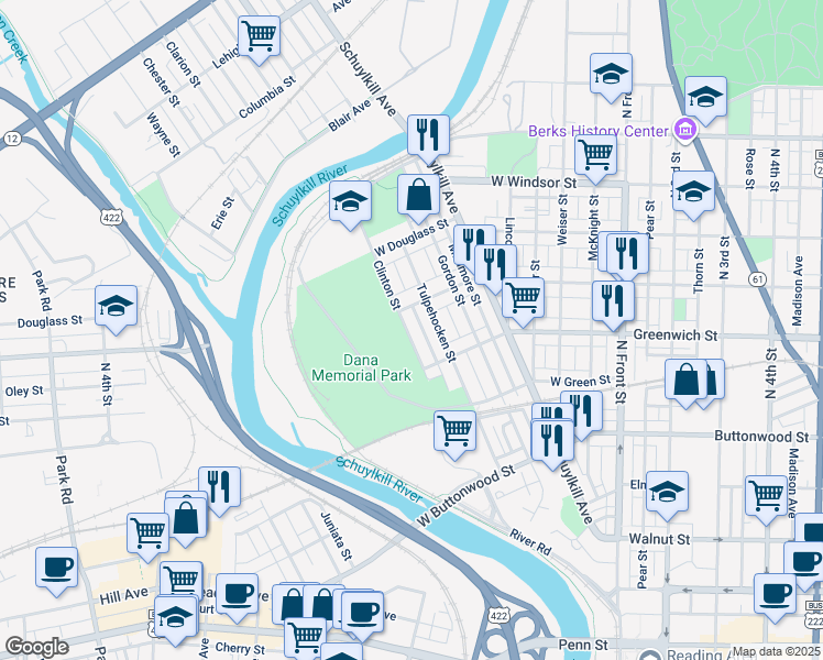 map of restaurants, bars, coffee shops, grocery stores, and more near 669 Clinton Street in Reading