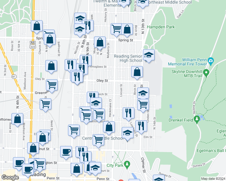 map of restaurants, bars, coffee shops, grocery stores, and more near 612 North 11th Street in Reading
