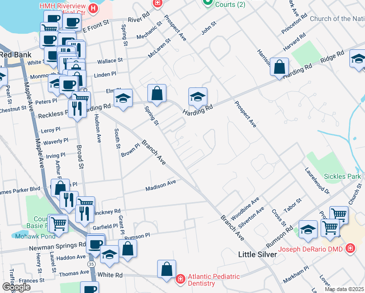 map of restaurants, bars, coffee shops, grocery stores, and more near 283 Spring Street in Red Bank