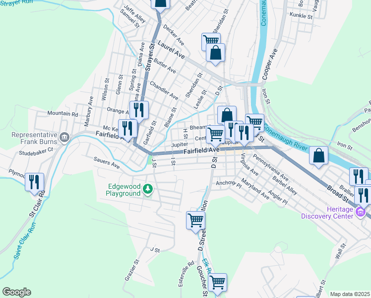 map of restaurants, bars, coffee shops, grocery stores, and more near 182 Fairfield Avenue in Johnstown