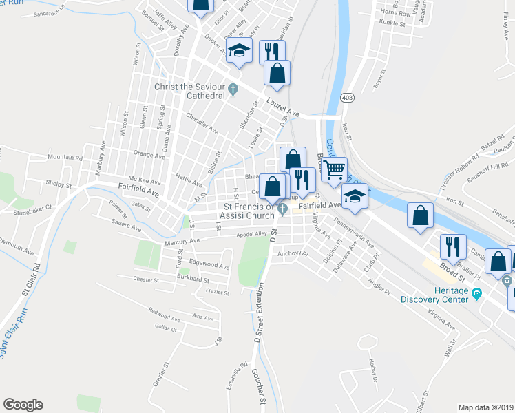 map of restaurants, bars, coffee shops, grocery stores, and more near 102 Chandler Avenue in Johnstown
