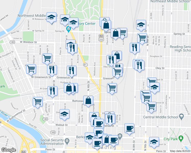 map of restaurants, bars, coffee shops, grocery stores, and more near 429 Greenwich Street in Reading