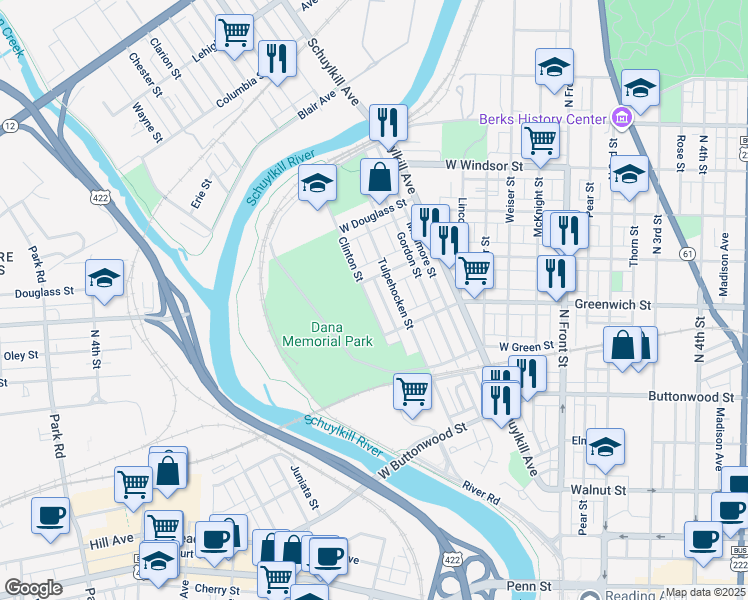 map of restaurants, bars, coffee shops, grocery stores, and more near 669 Clinton Street in Reading