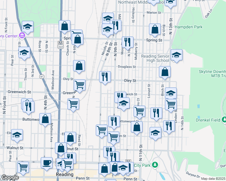 map of restaurants, bars, coffee shops, grocery stores, and more near 610 North 9th Street in Reading