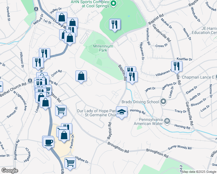 map of restaurants, bars, coffee shops, grocery stores, and more near 2015 Millennium Court in Bethel Park