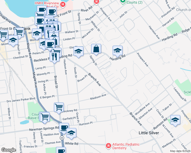 map of restaurants, bars, coffee shops, grocery stores, and more near 134 Branch Avenue in Red Bank