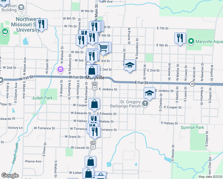 map of restaurants, bars, coffee shops, grocery stores, and more near 201 South Vine Street in Maryville