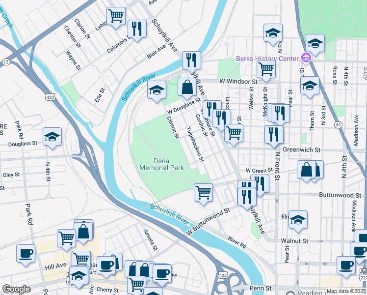 map of restaurants, bars, coffee shops, grocery stores, and more near 671 Clinton Street in Reading