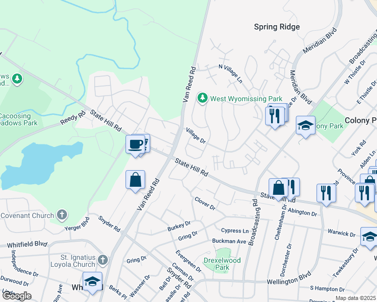 map of restaurants, bars, coffee shops, grocery stores, and more near 140 Laurel Court in Wyomissing