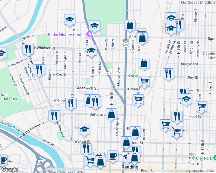 map of restaurants, bars, coffee shops, grocery stores, and more near 357 Greenwich Street in Reading