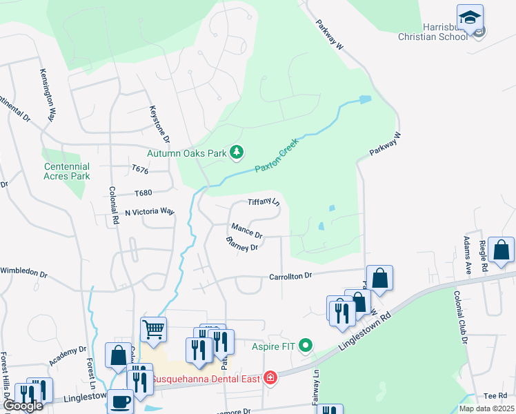 map of restaurants, bars, coffee shops, grocery stores, and more near 2555 Tiffany Lane in Harrisburg