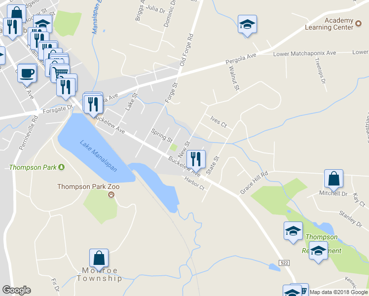 map of restaurants, bars, coffee shops, grocery stores, and more near 2-20 New Street in Jamesburg