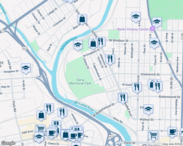 map of restaurants, bars, coffee shops, grocery stores, and more near 671 Clinton Street in Reading