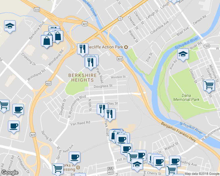 map of restaurants, bars, coffee shops, grocery stores, and more near 422 Douglass Street in Reading