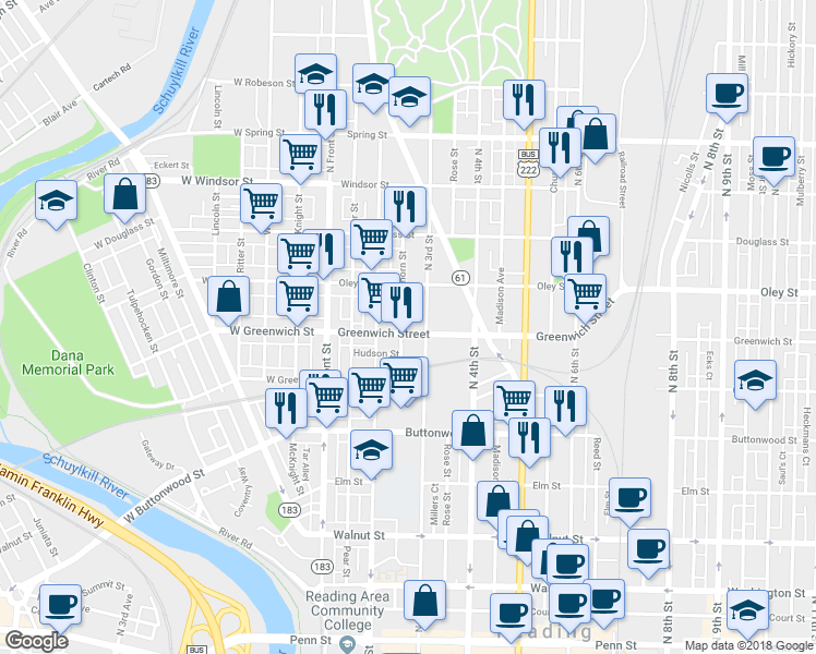 map of restaurants, bars, coffee shops, grocery stores, and more near 239 Greenwich Street in Reading