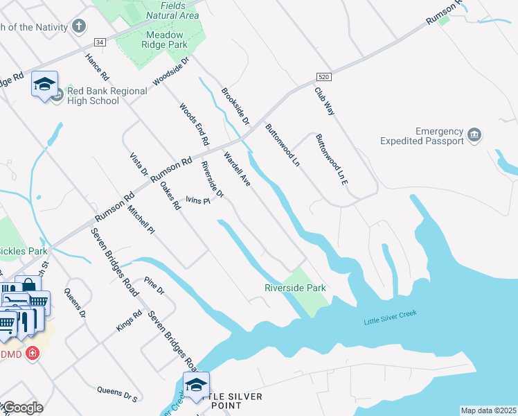 map of restaurants, bars, coffee shops, grocery stores, and more near 27 Wardell Avenue in Rumson
