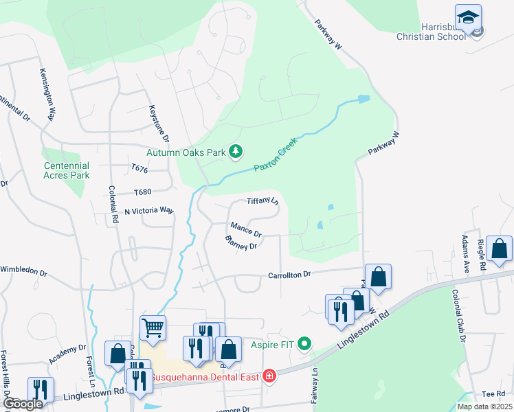 map of restaurants, bars, coffee shops, grocery stores, and more near 2555 Tiffany Lane in Harrisburg