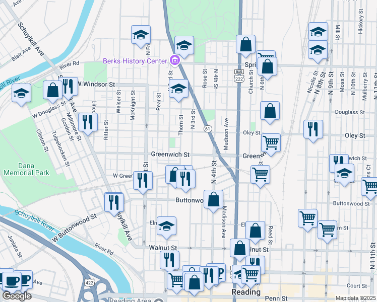 map of restaurants, bars, coffee shops, grocery stores, and more near 643 North 3rd Street in Reading