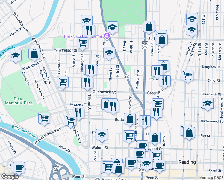 map of restaurants, bars, coffee shops, grocery stores, and more near 239 Greenwich Street in Reading
