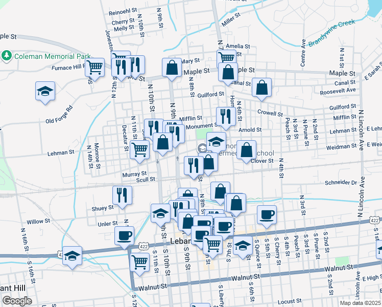 map of restaurants, bars, coffee shops, grocery stores, and more near 830 Lehman Street in Lebanon