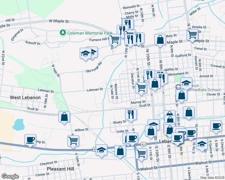 map of restaurants, bars, coffee shops, grocery stores, and more near 418 North 14th Street in Lebanon