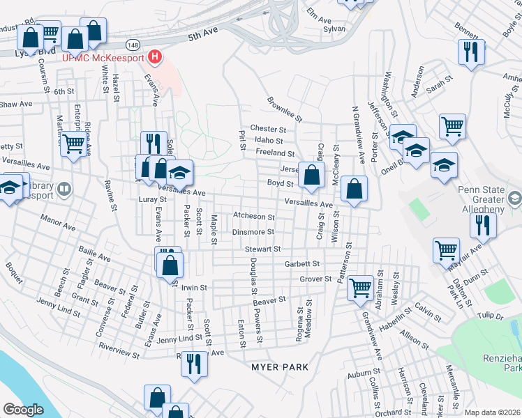 map of restaurants, bars, coffee shops, grocery stores, and more near 2813 Versailles Avenue in McKeesport