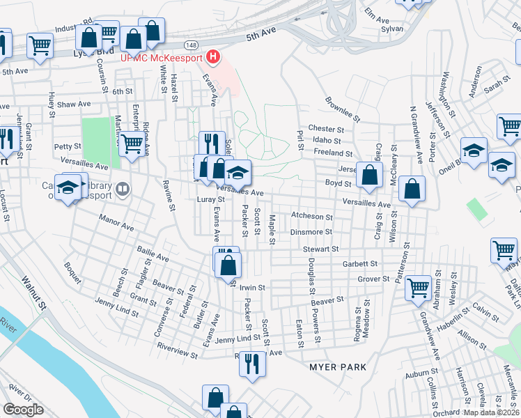 map of restaurants, bars, coffee shops, grocery stores, and more near in McKeesport