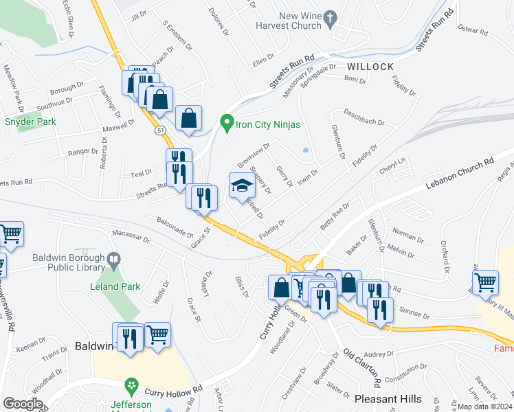 map of restaurants, bars, coffee shops, grocery stores, and more near 801 Irwin Drive in Pittsburgh