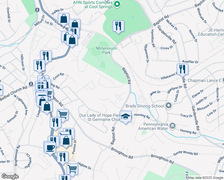 map of restaurants, bars, coffee shops, grocery stores, and more near 2015 Millennium Court in Bethel Park